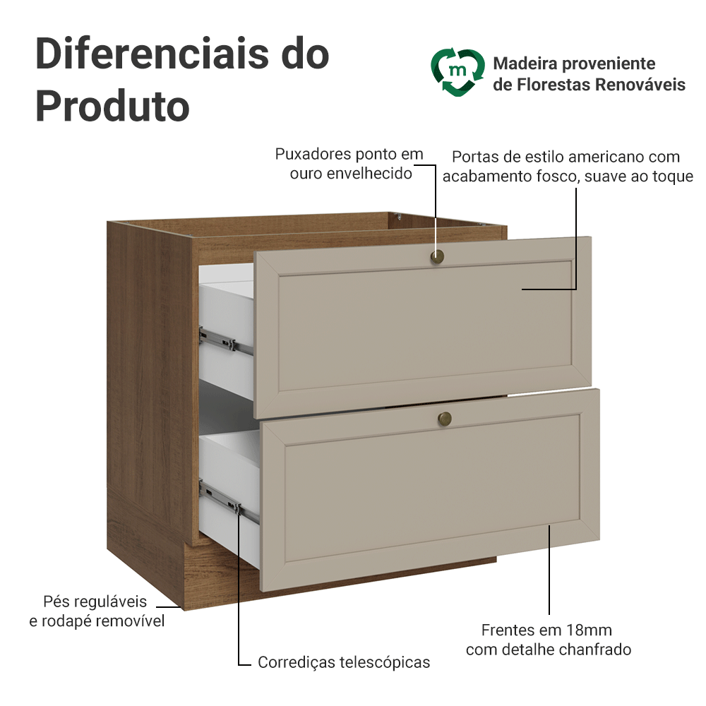 Balcão de Cozinha 80 x 60 cm 2 Gavetas (Sem Tampo) Rustic/Crema Vik Madesa