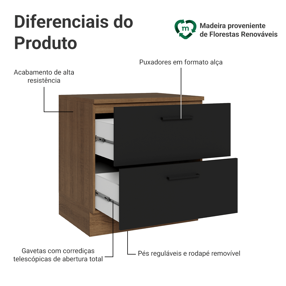 Balcão de Cozinha 80 x 60 cm 2 Gavetas (Com Tampo) Rustic/Preto Agata Madesa