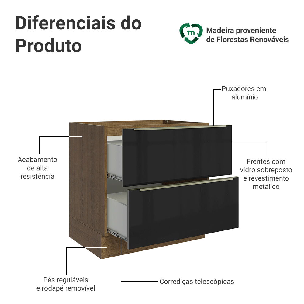 Balcão de Cozinha 80 x 60 cm 2 Gavetas (Sem Tampo) Rustic/Preto Lux Madesa