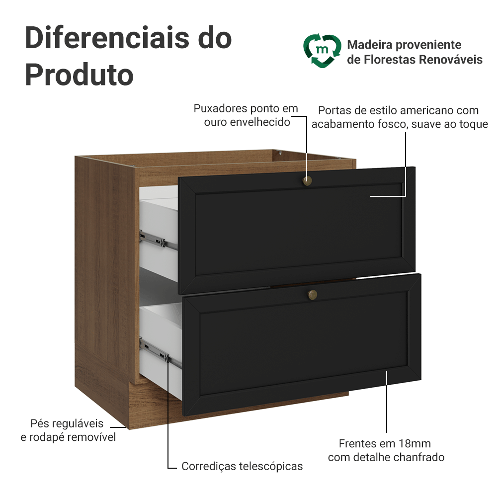 Balcão de Cozinha 80 x 60 cm 2 Gavetas (Sem Tampo) Rustic/Preto Vik Madesa