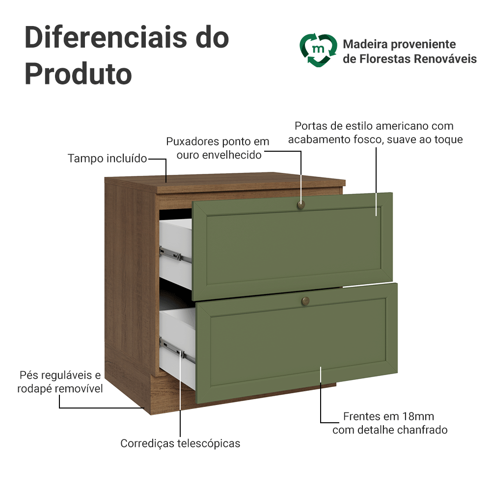 Balcão de Cozinha 80 x 60 cm 2 Gavetas (Com Tampo) Rustic/Verde Vik Madesa