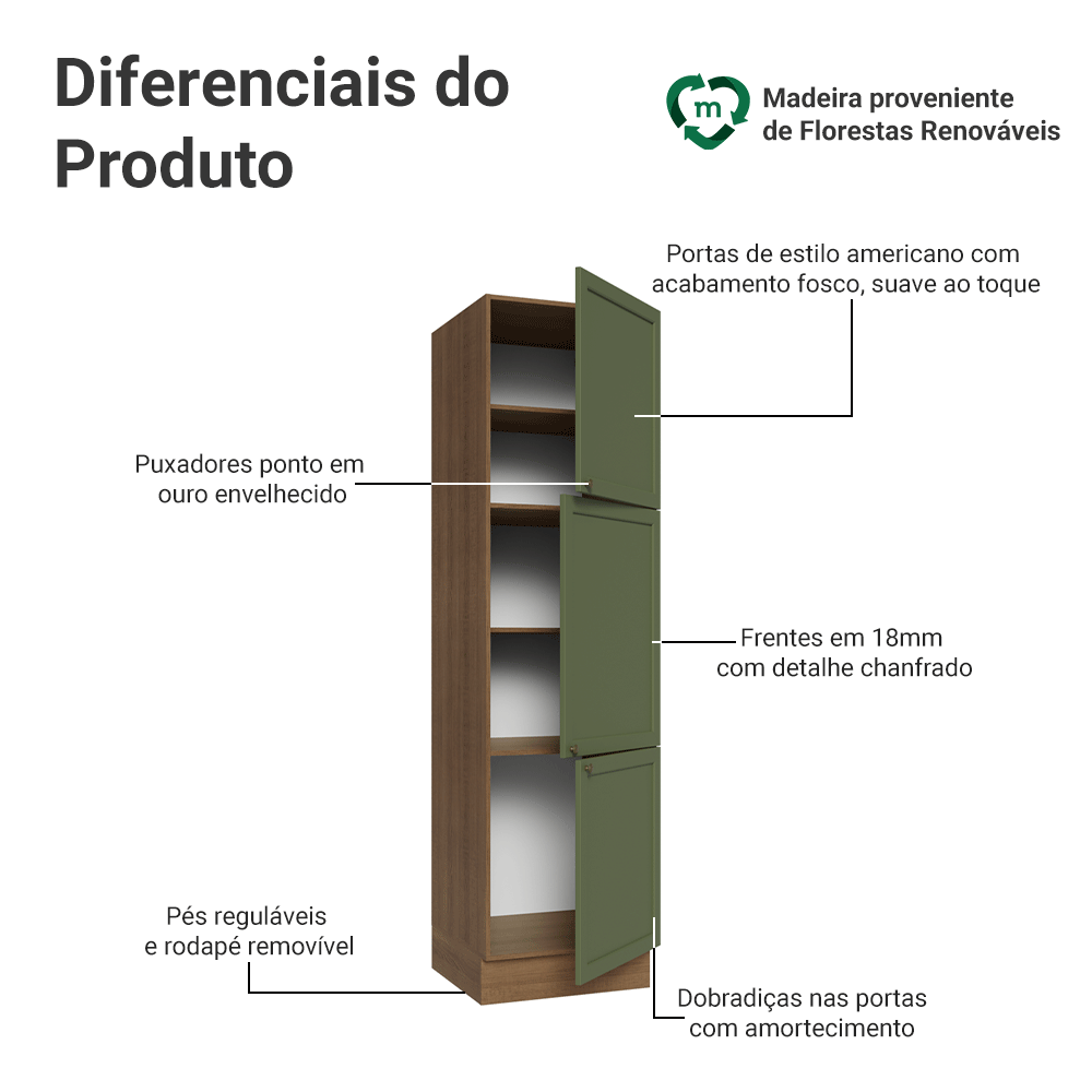 Paneleiro 60 x 60 cm 3 Portas Rustic/Verde Vik Madesa