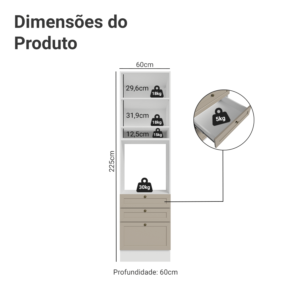 Torre Quente 60 x 60 cm 1 Porta 3 Gavetas Branco/Crema Vik Madesa