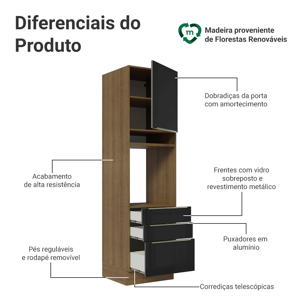 Torre Quente 60 x 60 cm 1 Porta 3 Gavetas Rustic/Preto Lux Madesa