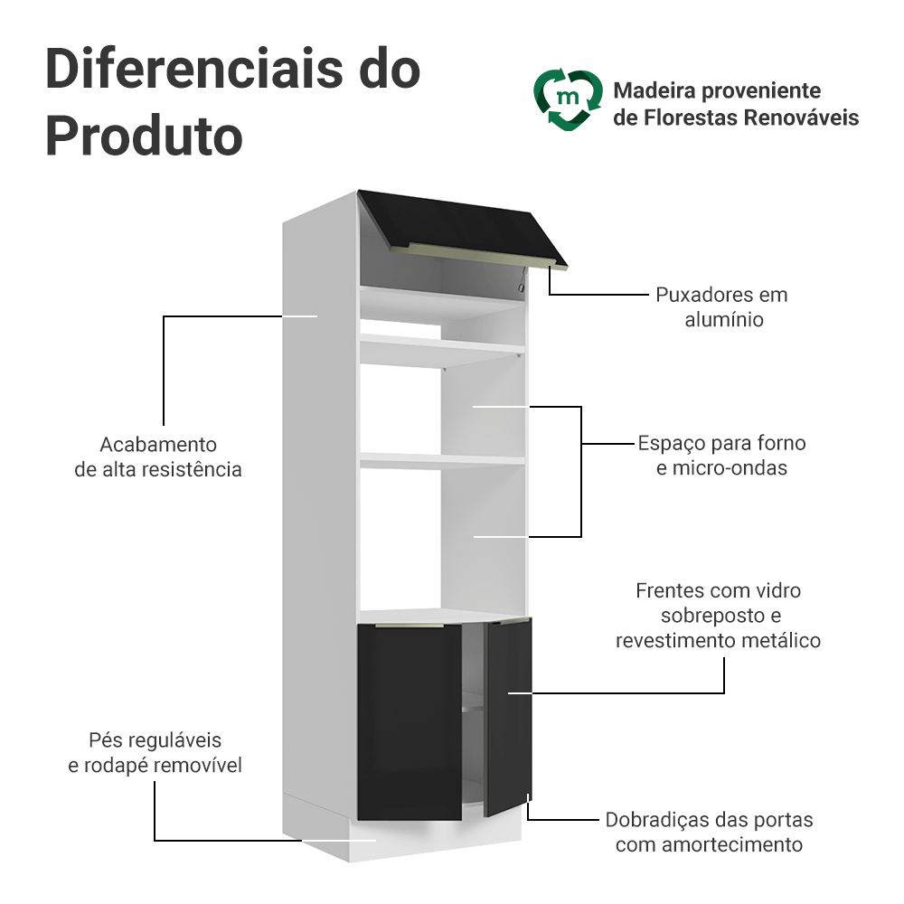 Torre Quente 70 x 60 cm 3 Portas Branco/Preto Lux Madesa