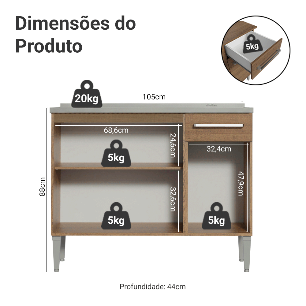 Balcão Gabinete com Pia 3 Portas e 1 Gaveta 105cm Rustic Emilly Madesa