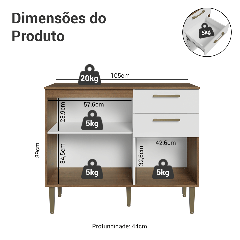 Balcão Gabinete de Pia 105 cm 3 Portas 2 Gavetas Rustic/Branco Lille Madesa