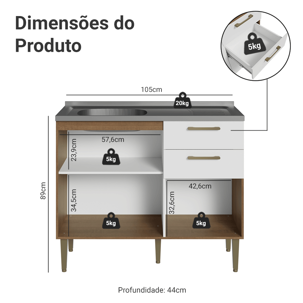Balcão de Cozinha com Pia 105 cm 3 Portas 2 Gavetas Rustic/Branco Lille Madesa