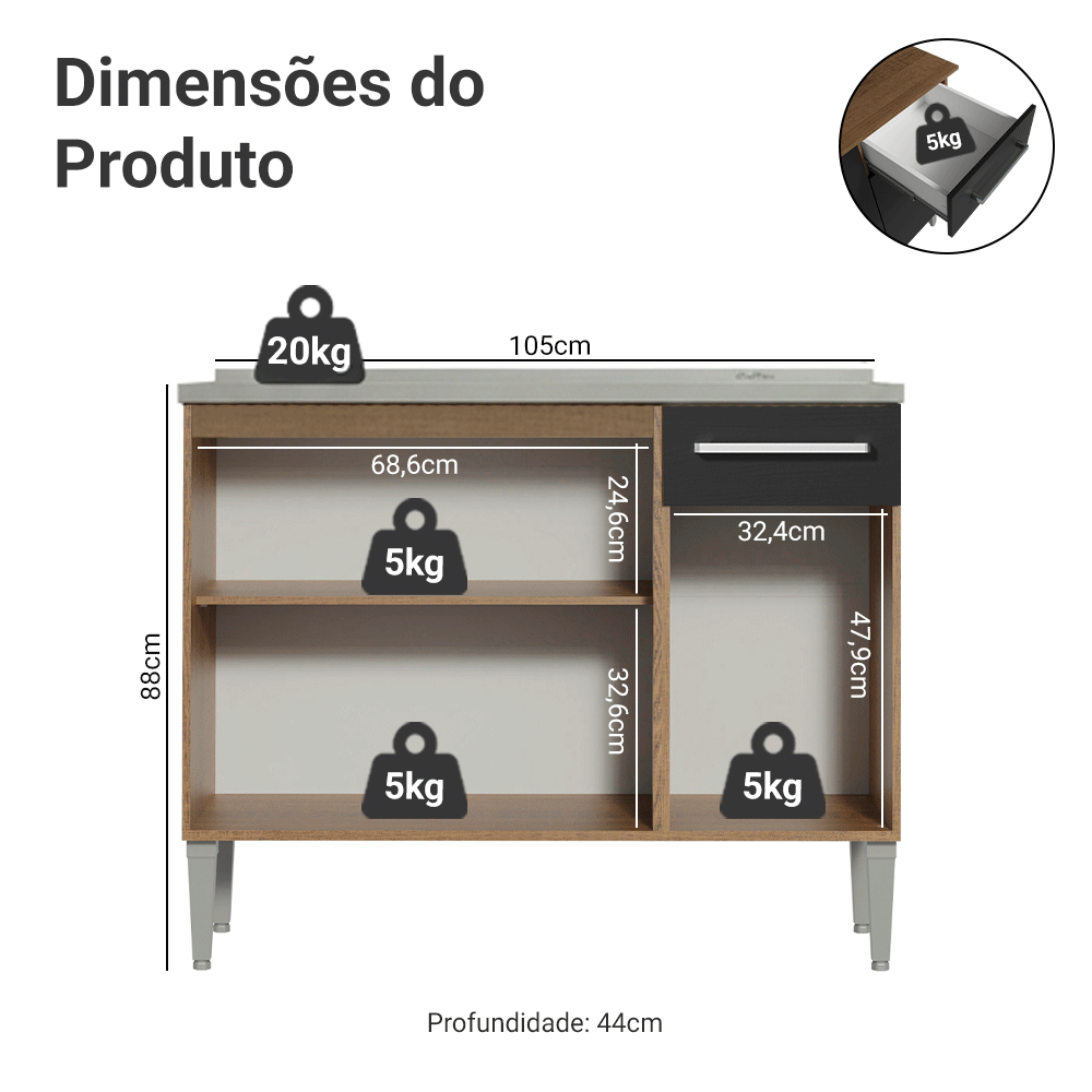 Balcão Gabinete com Pia 3 Portas e 1 Gaveta 105cm Rustic/Preto Emilly Madesa