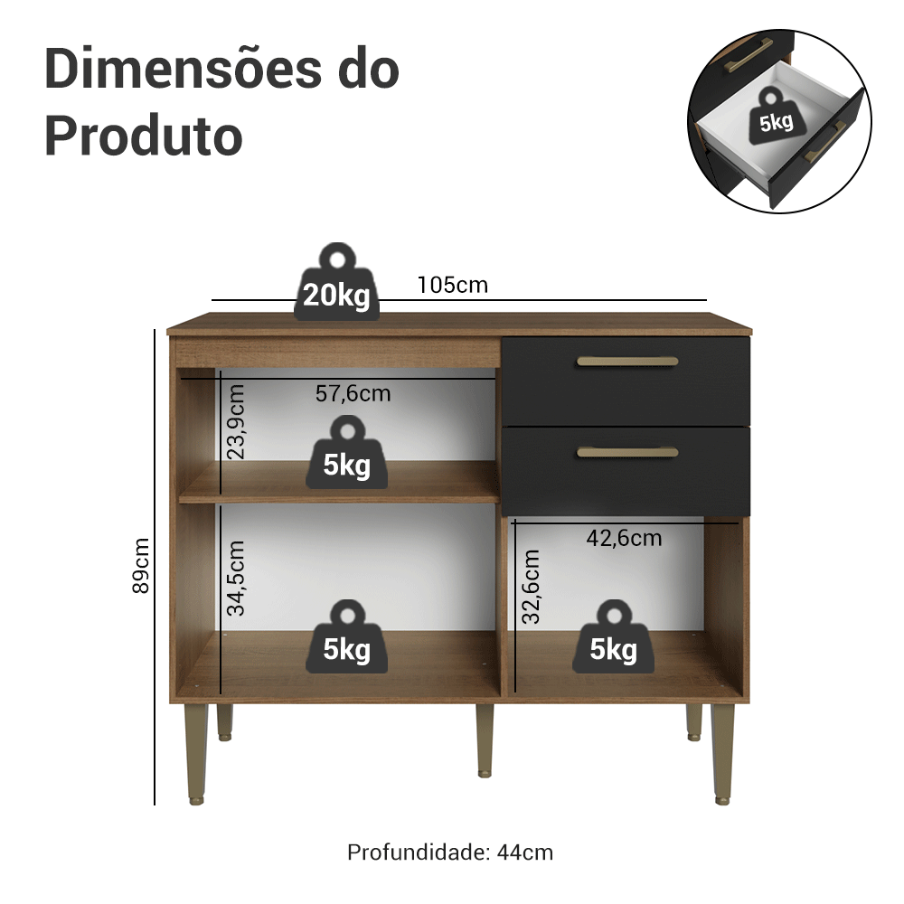 Balcão Gabinete de Pia 105 cm 3 Portas 2 Gavetas Rustic/Preto Lille Madesa