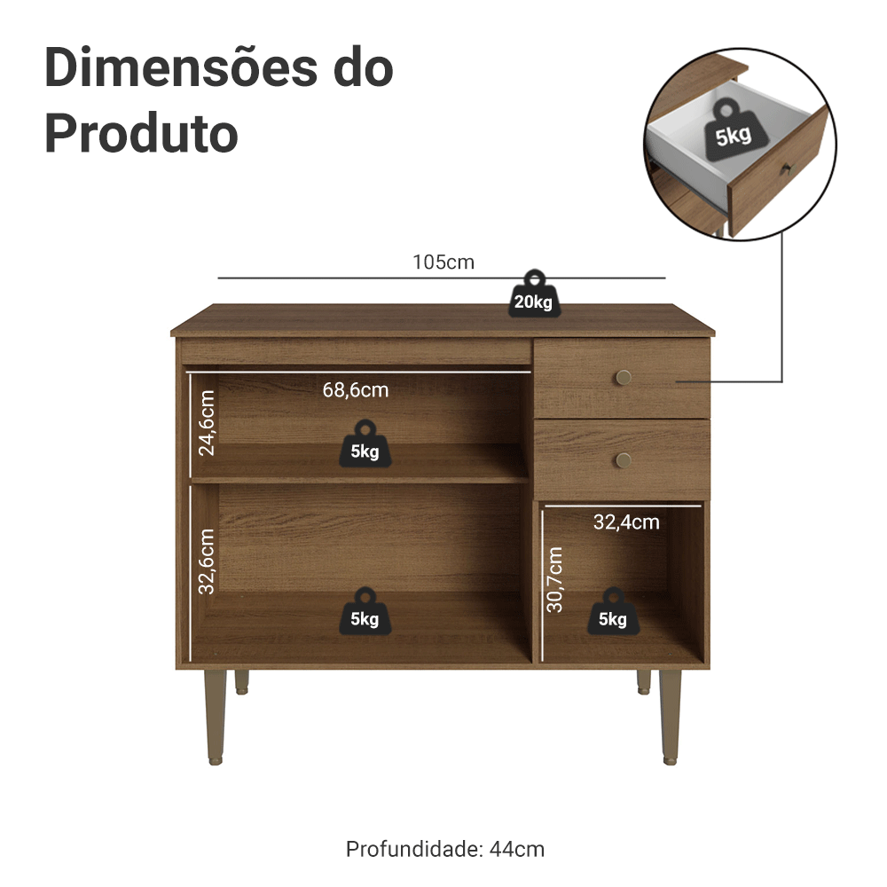 Balcão Gabinete 3 Portas 2 Gavetas Rustic Gourmet Madesa