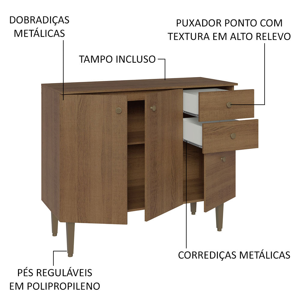 Balcão Gabinete 3 Portas 2 Gavetas Rustic Gourmet Madesa