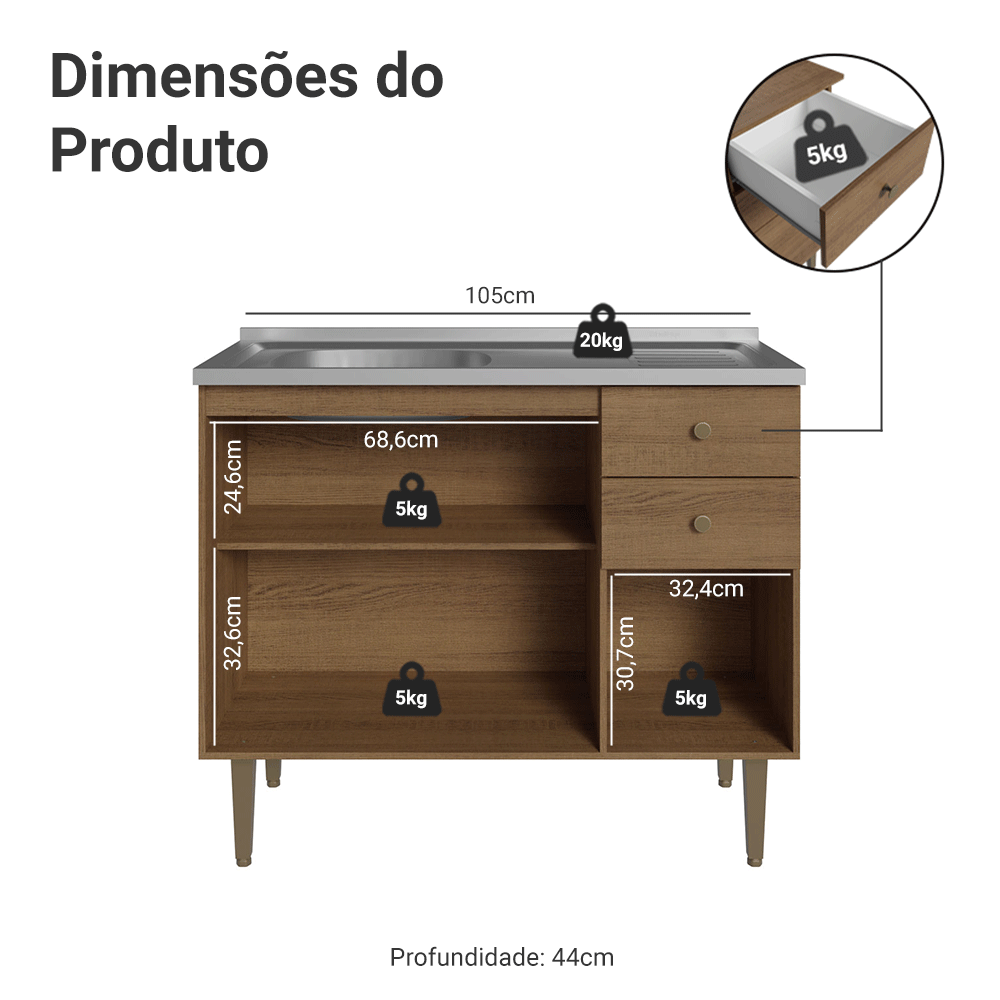 Balcão Gabinete com Pia 3 Portas e 2 Gavetas 105cm Rustic Gourmet Madesa