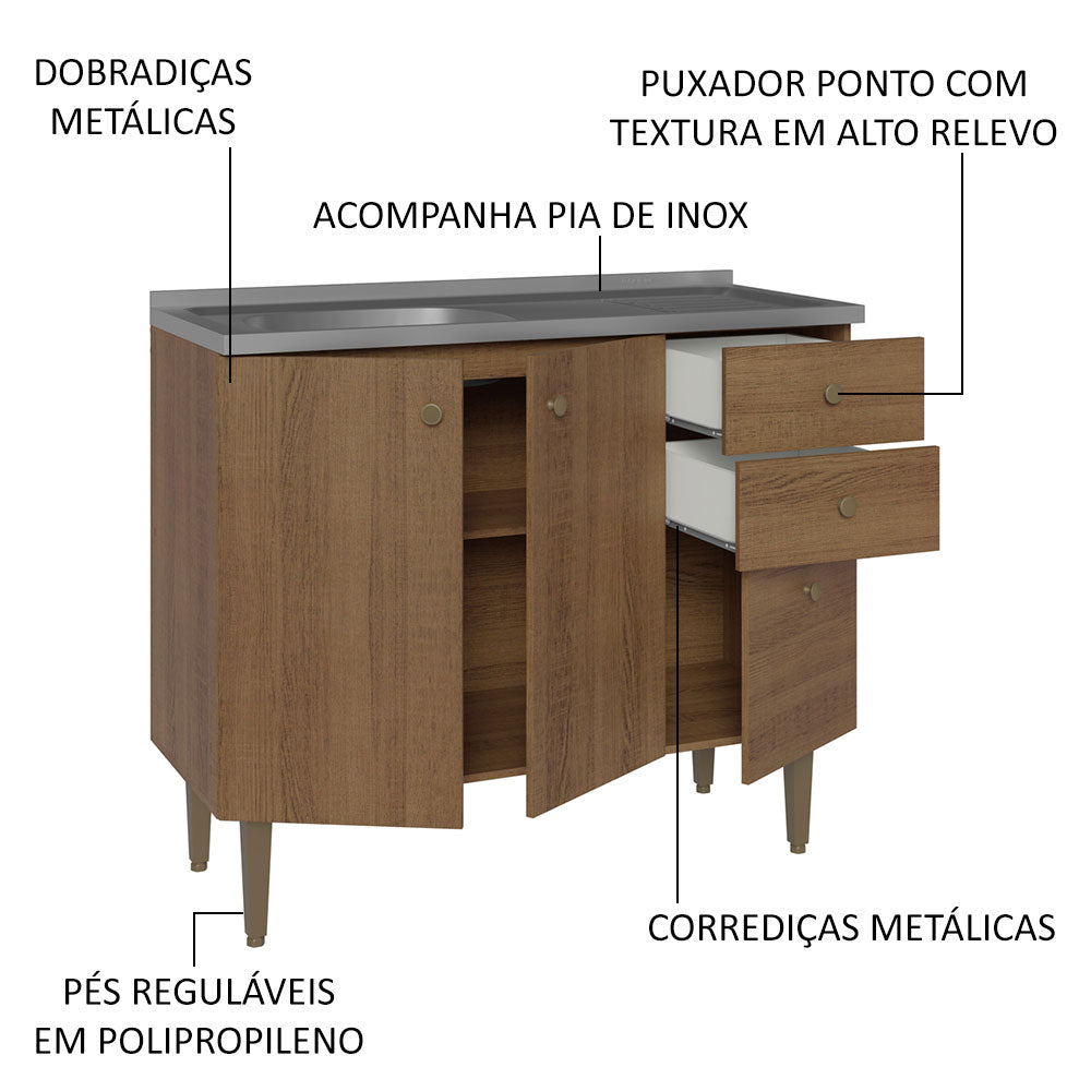 Balcão Gabinete com Pia 3 Portas e 2 Gavetas 105cm Rustic Gourmet Madesa