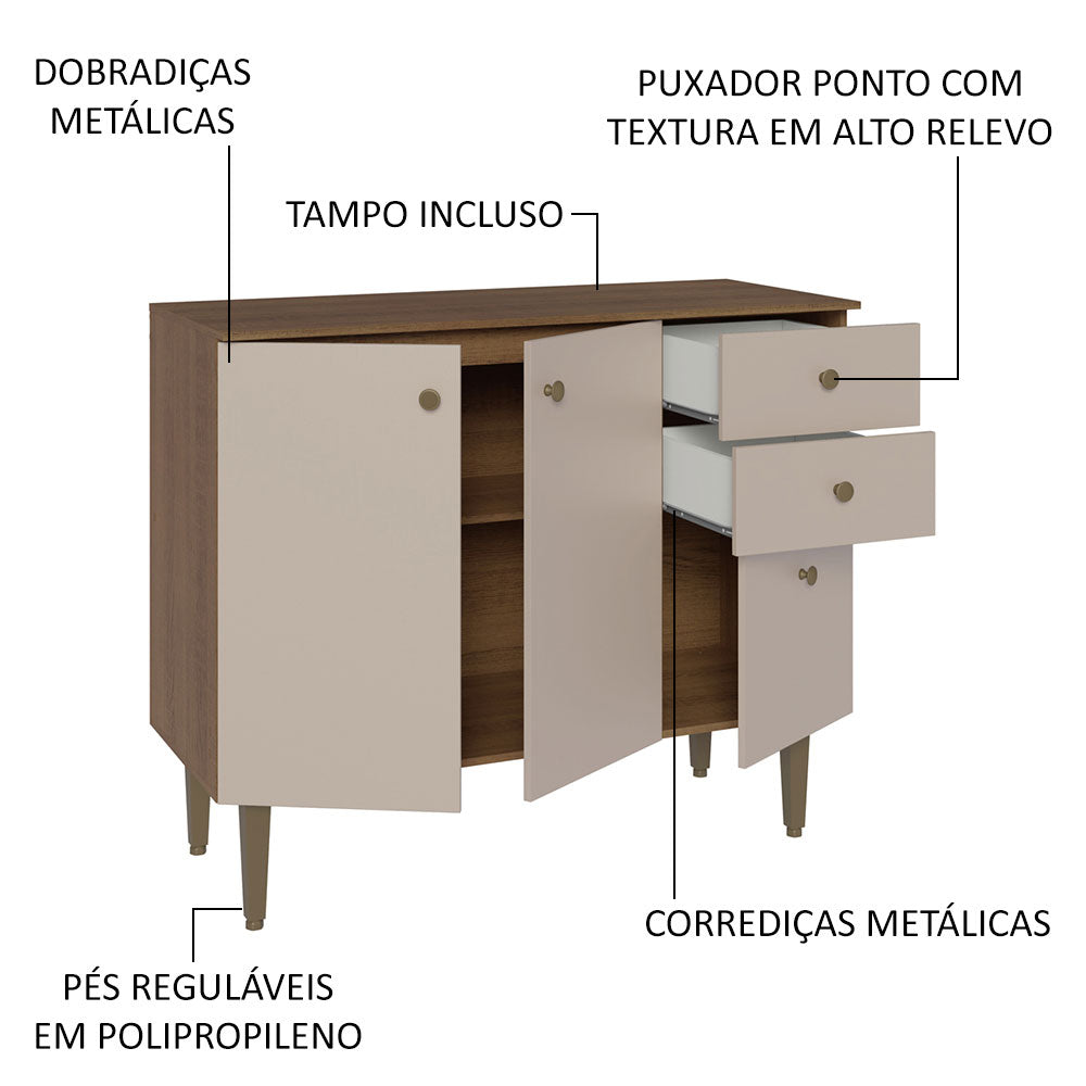 Balcão Gabinete 3 Portas 2 Gavetas Rustic/Crema Gourmet Madesa