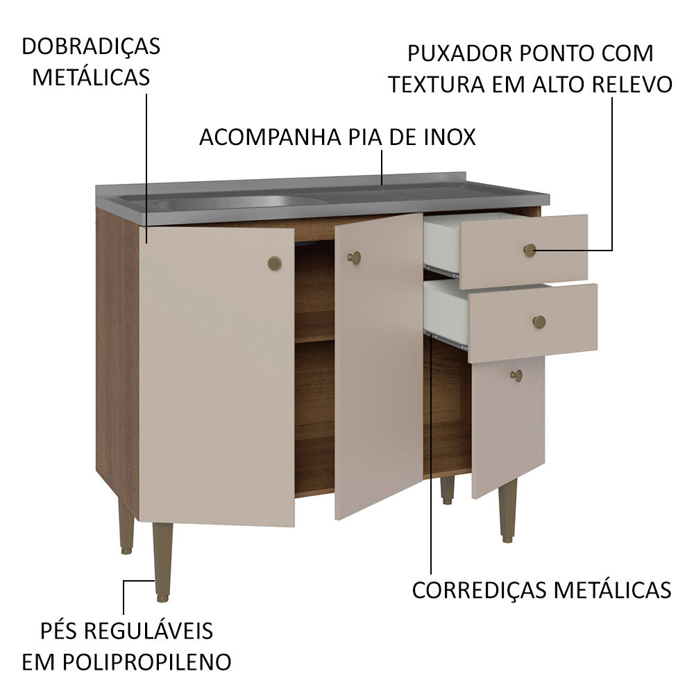 Balcão Gabinete com Pia 3 Portas e 2 Gavetas 105cm Rustic/Crema Gourmet Madesa