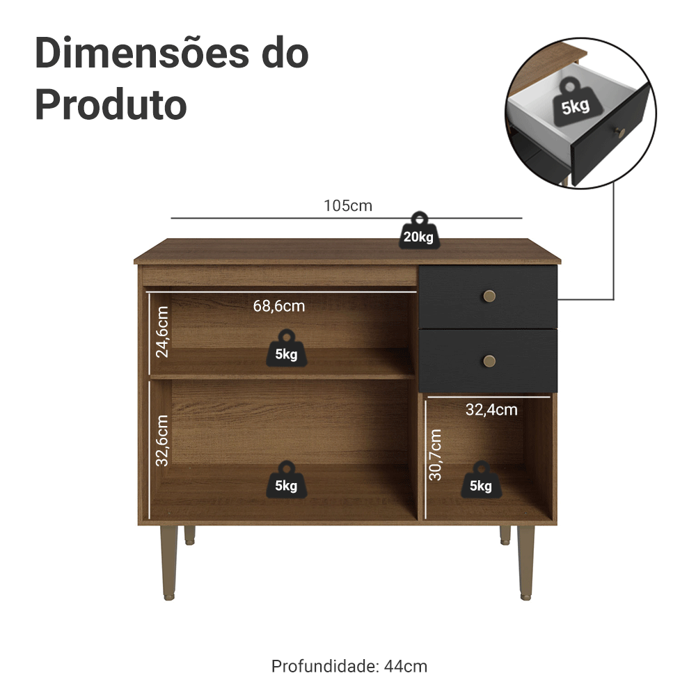 Balcão Gabinete 3 Portas 2 Gavetas Rustic/Preto Gourmet Madesa