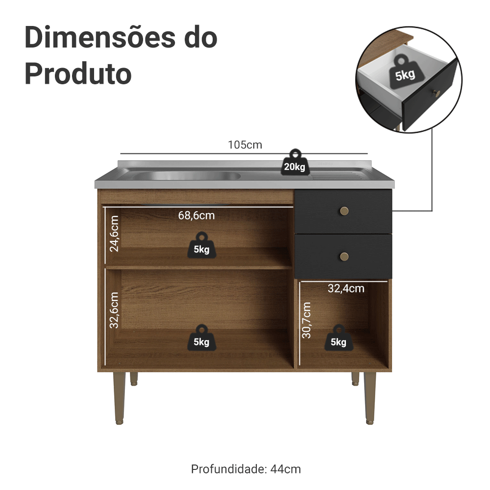 Balcão Gabinete com Pia 3 Portas e 2 Gavetas 105cm Rustic/Preto Gourmet Madesa