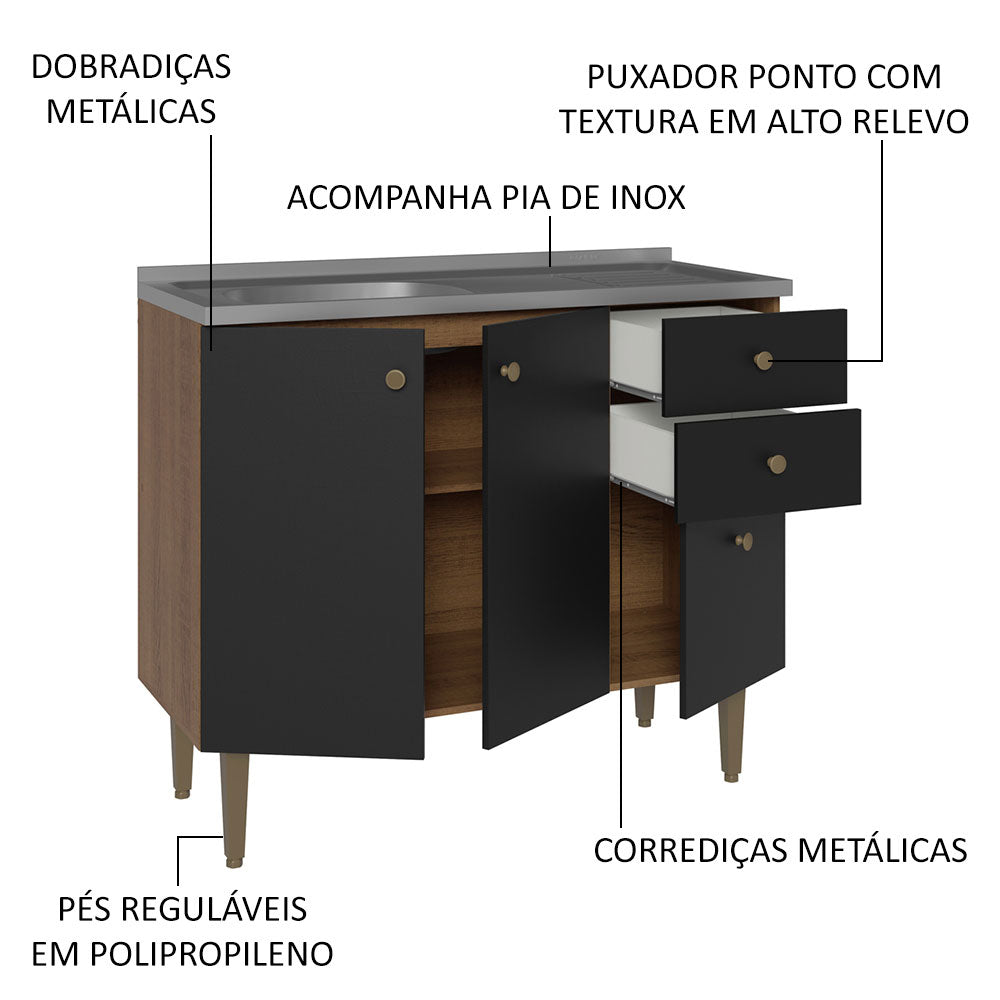 Balcão Gabinete com Pia 3 Portas e 2 Gavetas 105cm Rustic/Preto Gourmet Madesa