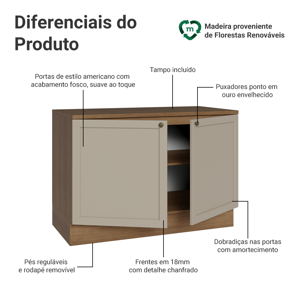 Balcão Gabinete de Pia 120 cm (Com Tampo) Rustic/Crema Vik Madesa