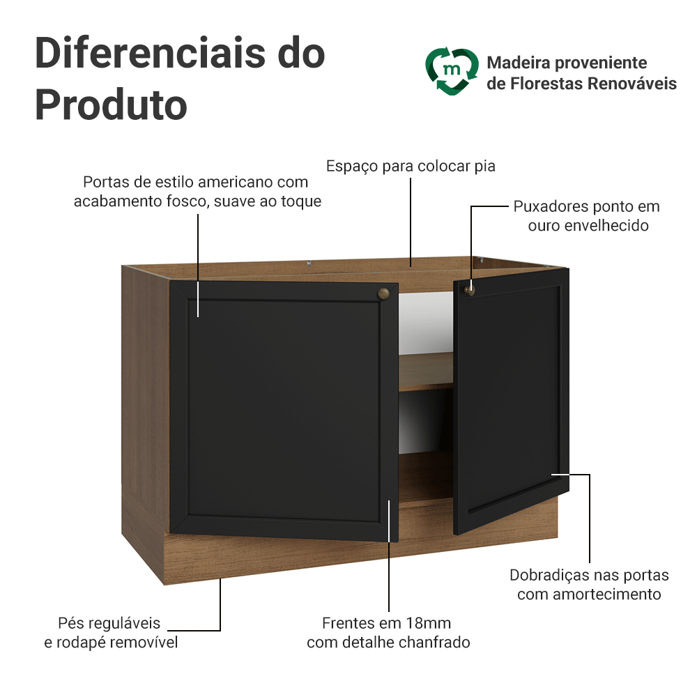 Balcão Gabinete de Pia 120 cm (Sem Tampo) Rustic/Preto Vik Madesa