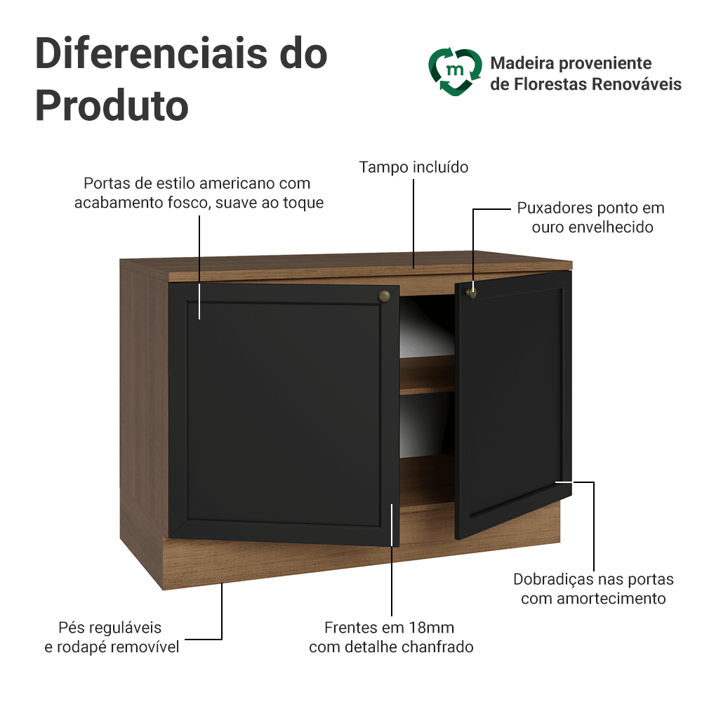 Balcão de Cozinha 120 cm 2 Portas Rustic/Preto Vik Madesa