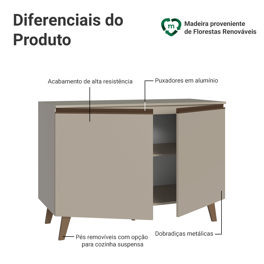 Balcão de Cozinha 120 cm 2 Portas Com Pés Crema Nice Madesa
