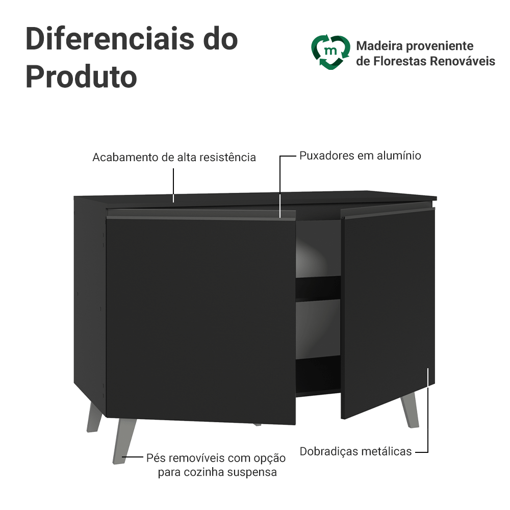Balcão de Cozinha 120 cm 2 Portas Com Pés Preto Nice Madesa