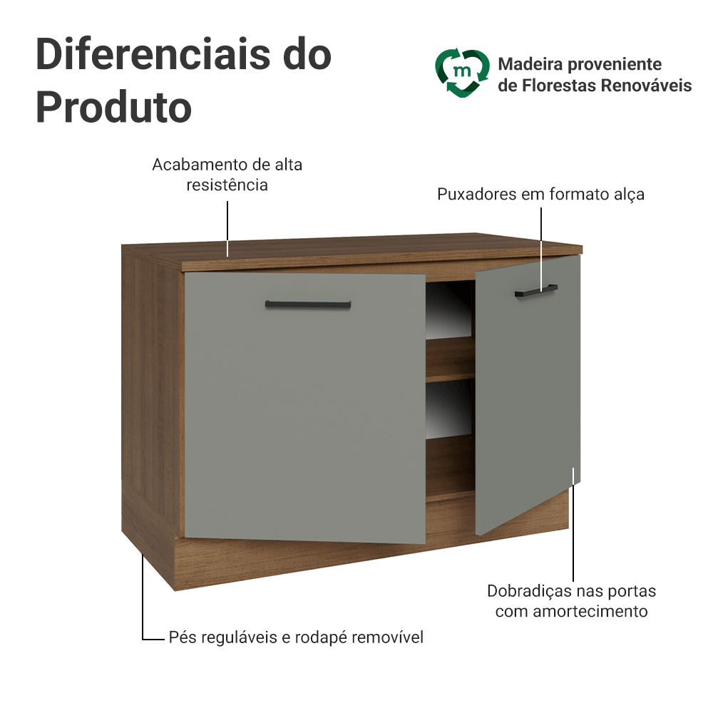 Balcão Cozinha 2 Portas (Com Tampo) Rustic/Cinza Agata Madesa
