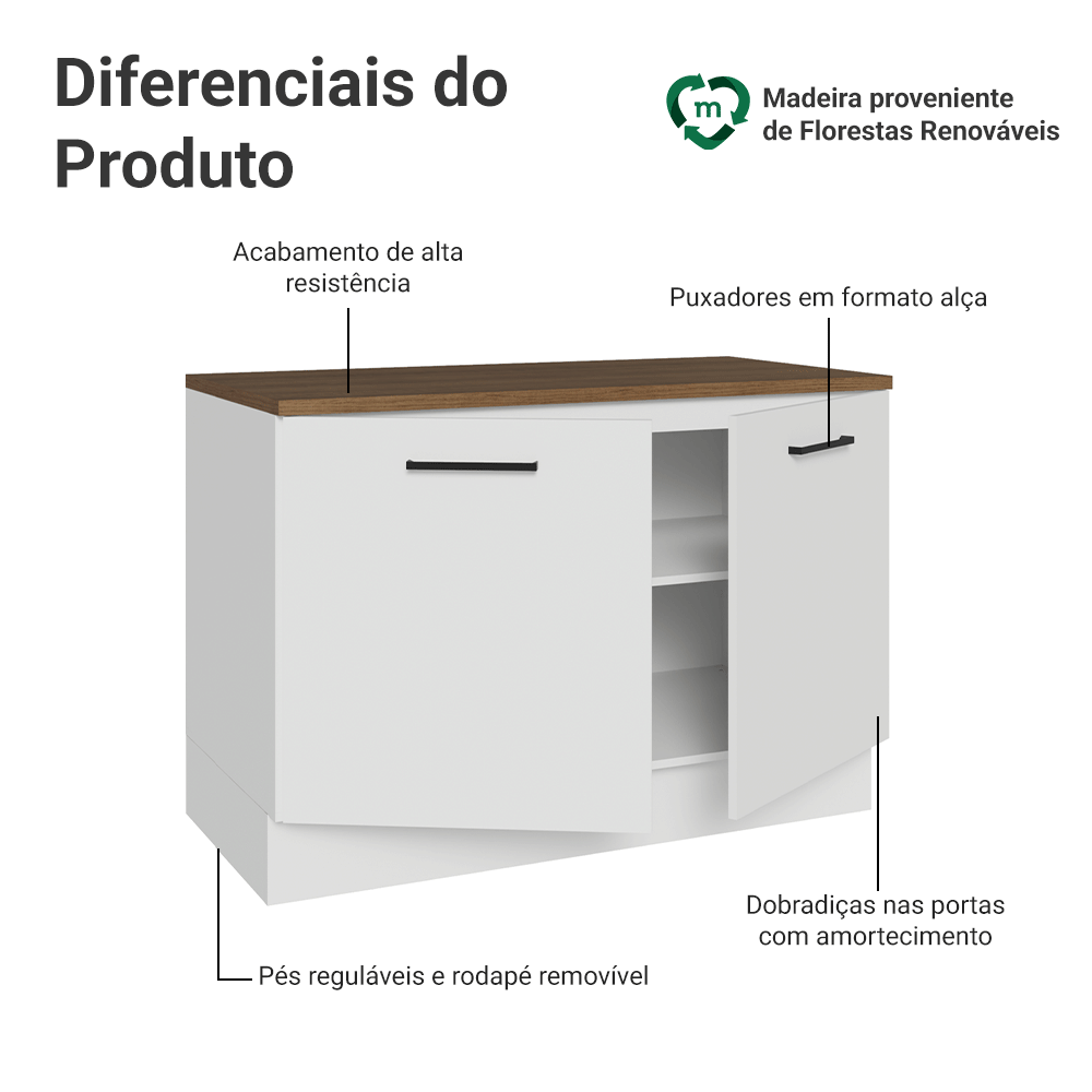 Balcão de Cozinha 120 cm 2 Portas Branco Tampo Rustic Agata Madesa