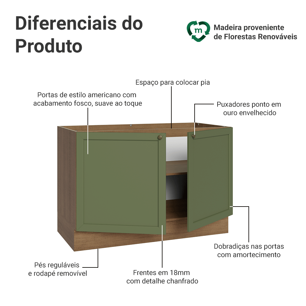 Balcão Gabinete de Pia 120 cm (Sem Tampo) Rustic/Verde Vik Madesa