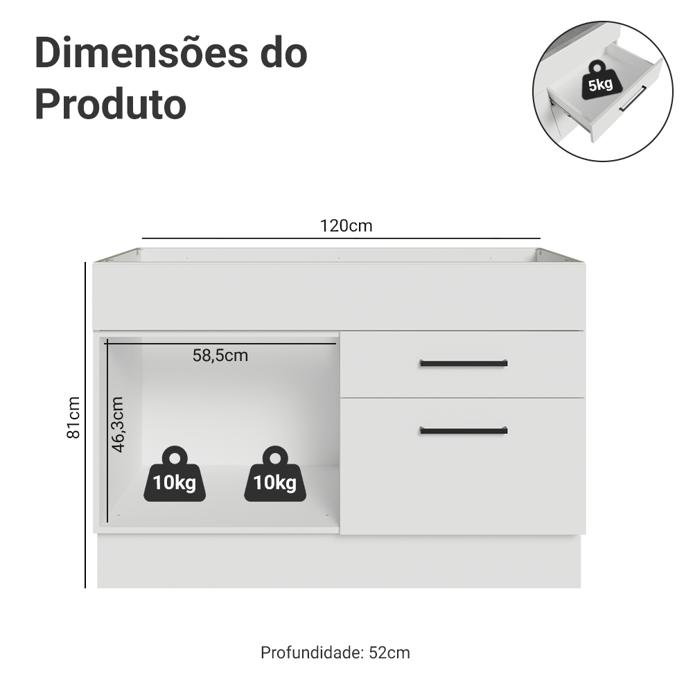Balcão de Pia Madesa Agata 1 Porta e 2 Gavetas Branco