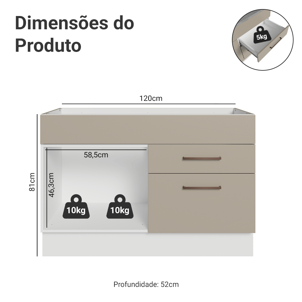 Balcão Gabinete de Pia 1 Porta e 2 Gavetas Branco/Crema Agata Madesa
