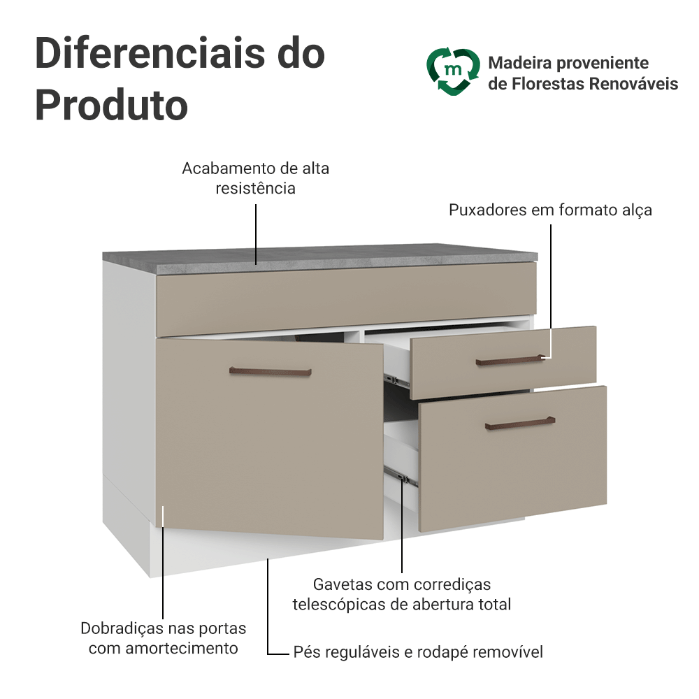 Balcão Cozinha 1 Porta e 2 Gavetas (Com Tampo) Branco/Crema Agata Madesa