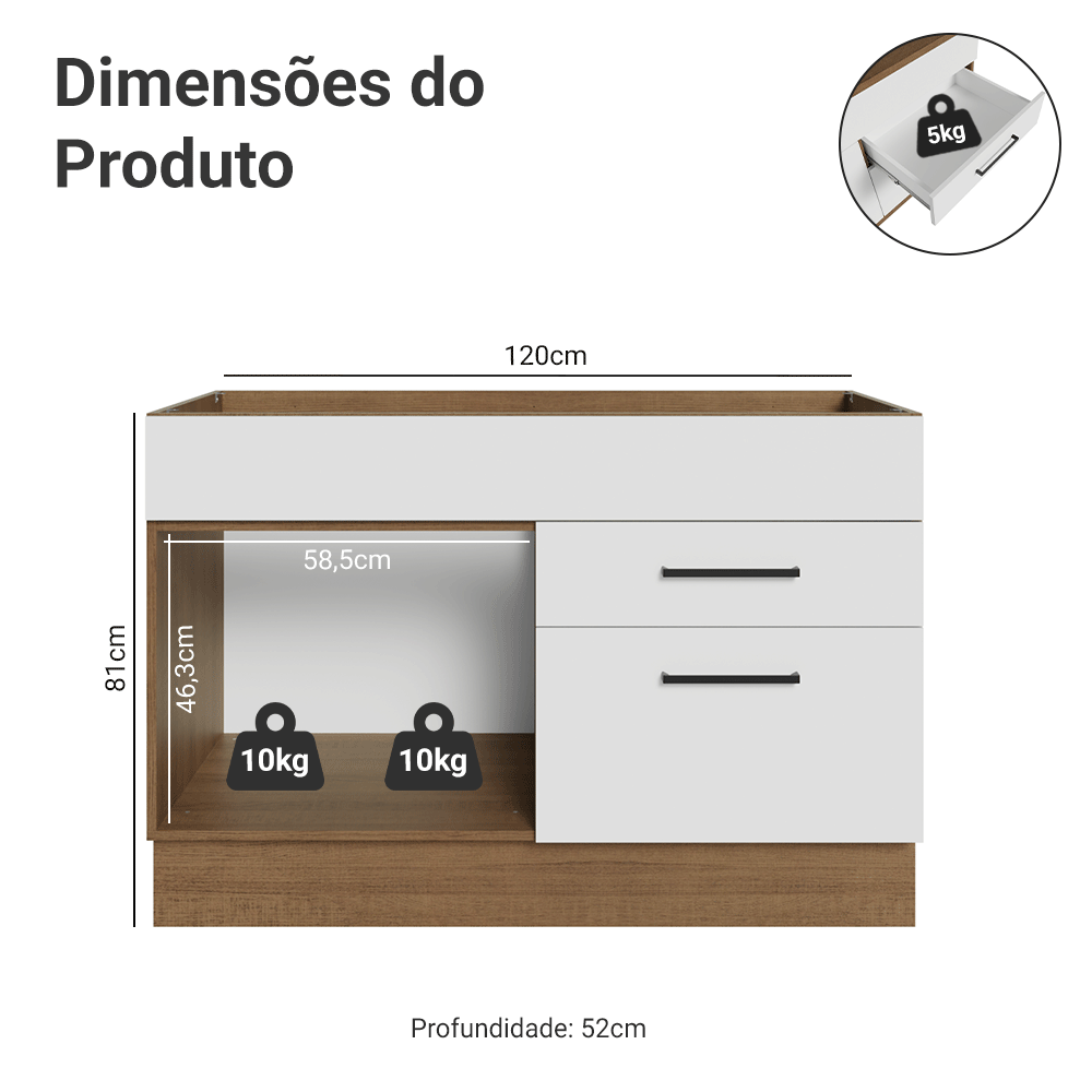Balcão de Pia Madesa Agata 1 Porta e 2 Gavetas Rustic/Branco