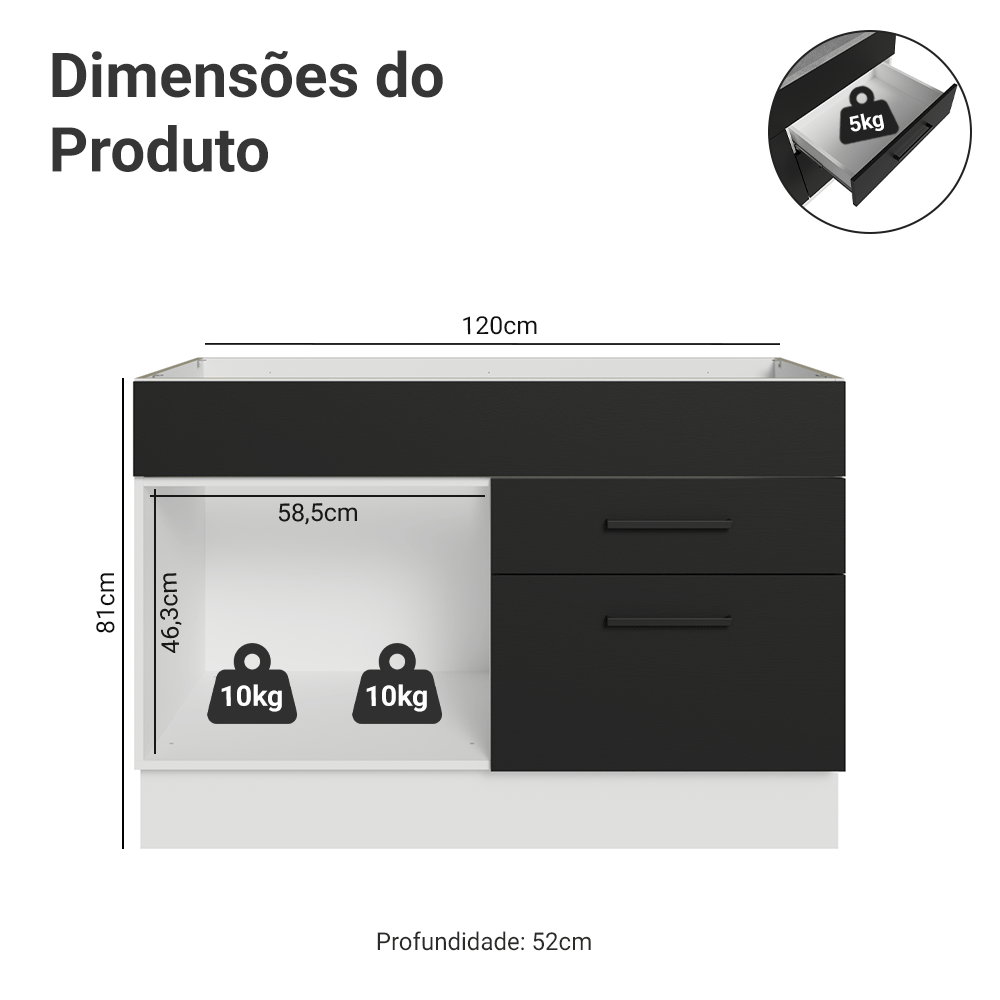 Balcão Gabinete de Pia Madesa Agata 1 Porta e 2 Gavetas (Sem Tampo e Pia) Branco/Preto