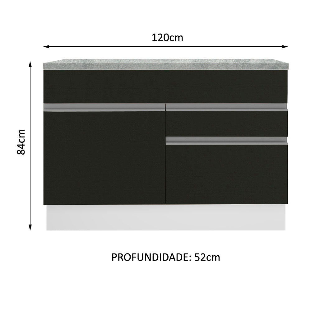 Balcão Madesa Glamy 120 cm 1 Porta e 2 Gavetas (Com Tampo) Branco/Preto