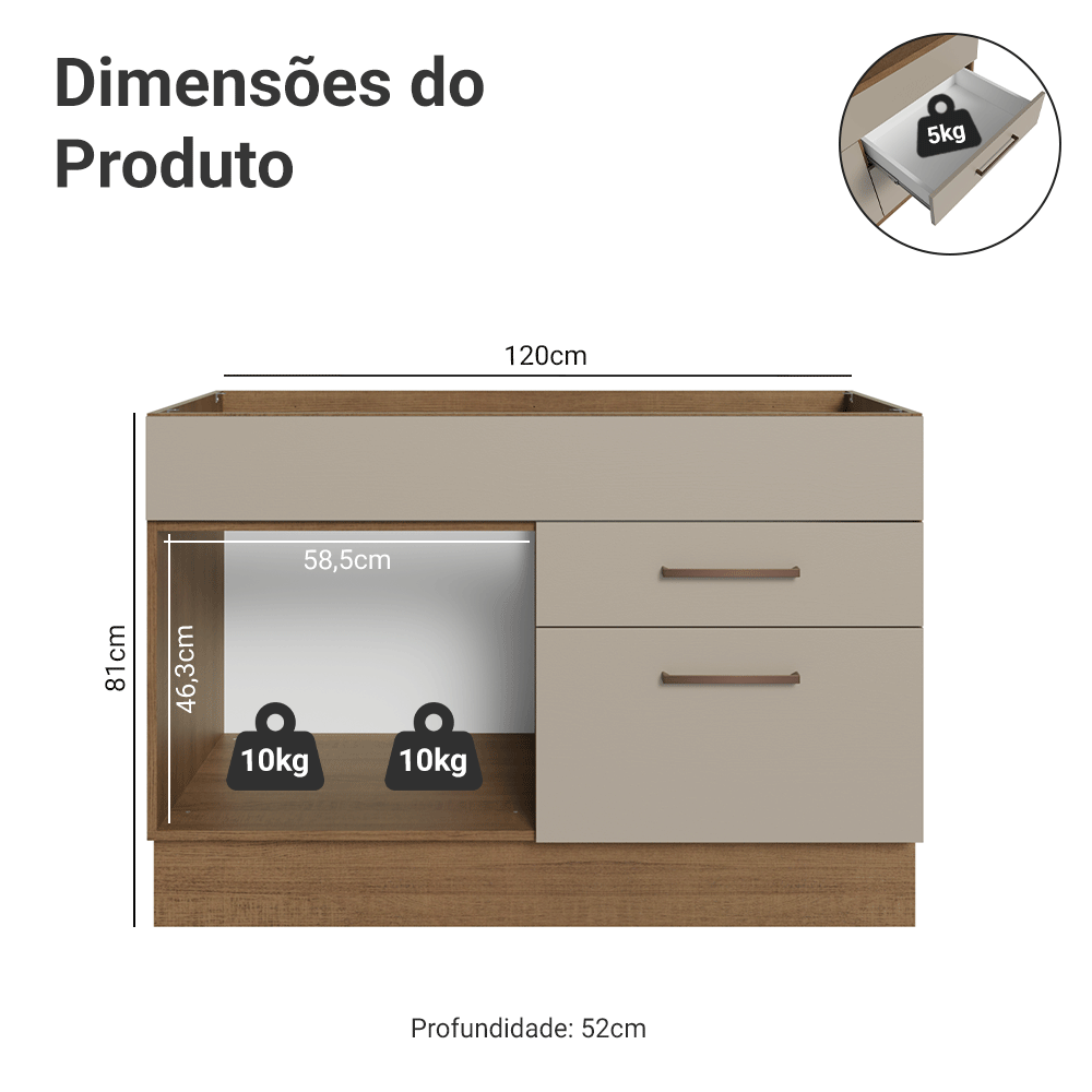 Balcão Gabinete de Pia 1 Porta e 2 Gavetas Rustic/Crema Agata Madesa