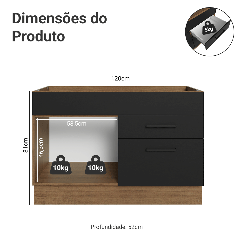 Balcão Gabinete de Pia Madesa Agata 1 Porta e 2 Gavetas (Sem Tampo e Pia) Rustic/Preto