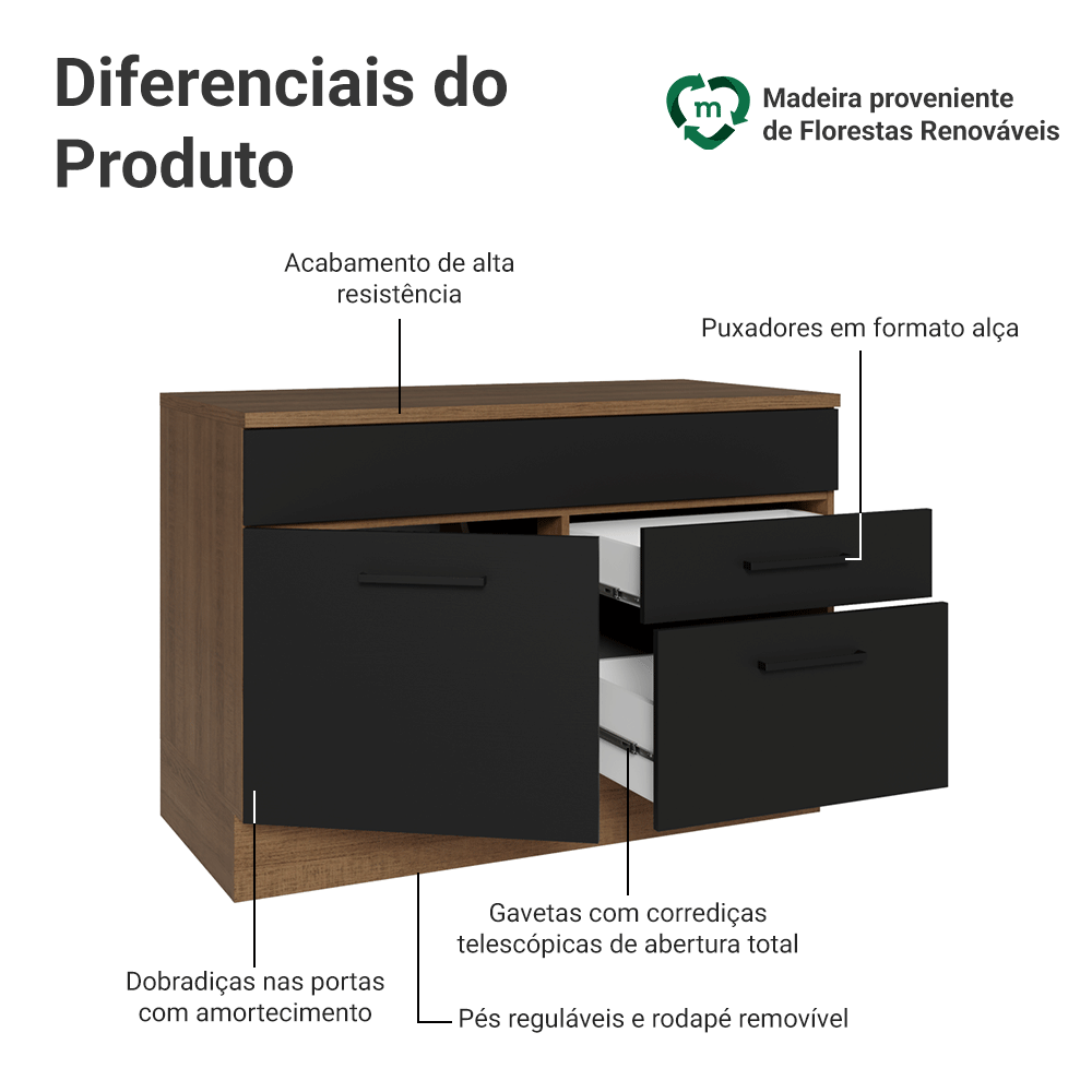 Balcão Cozinha 1 Porta e 2 Gavetas (Com Tampo) Rustic/Preto Agata Madesa
