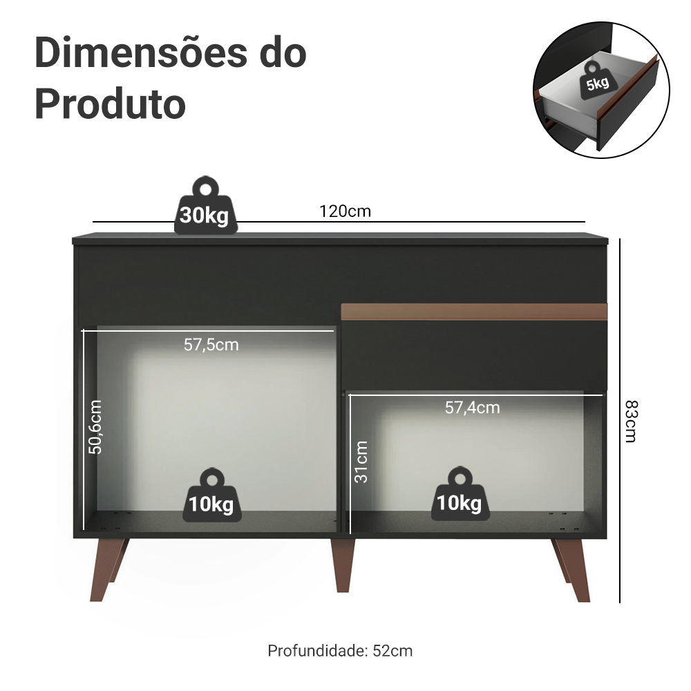 Balcão Gabinete de Pia Madesa Reims 2 Portas e 1 Gaveta Preto