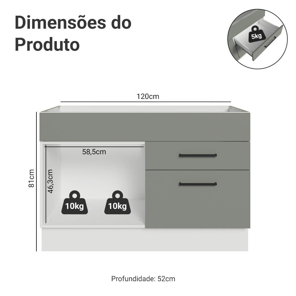 Balcão Gabinete de Pia Madesa Agata 1 Porta e 2 Gavetas (Sem Tampo e Pia) Branco/Cinza