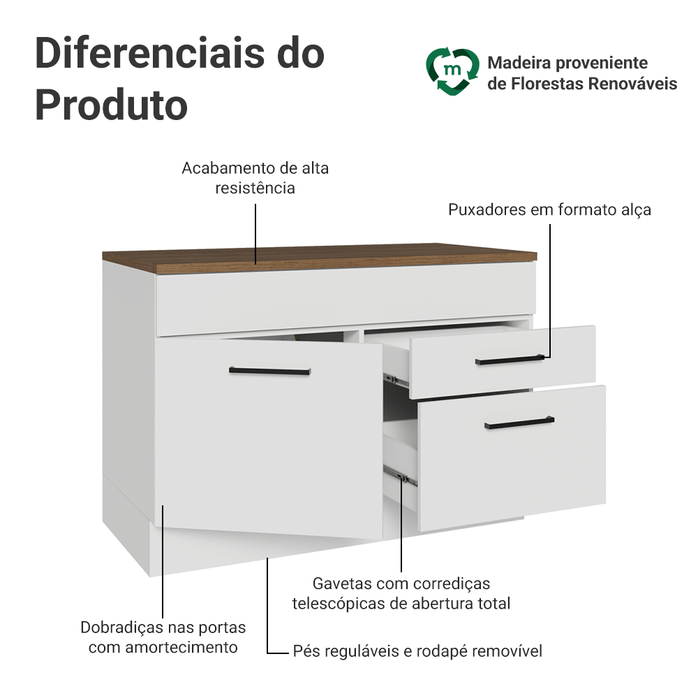 Balcão de Cozinha 120 cm 2 Portas 1 Gaveta Branco Tampo Rustic Agata Madesa
