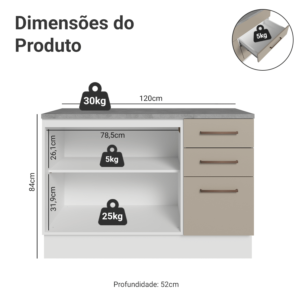 Balcão Cozinha 2 Portas e 3 Gavetas (Com Tampo) Branco/Crema Agata Madesa