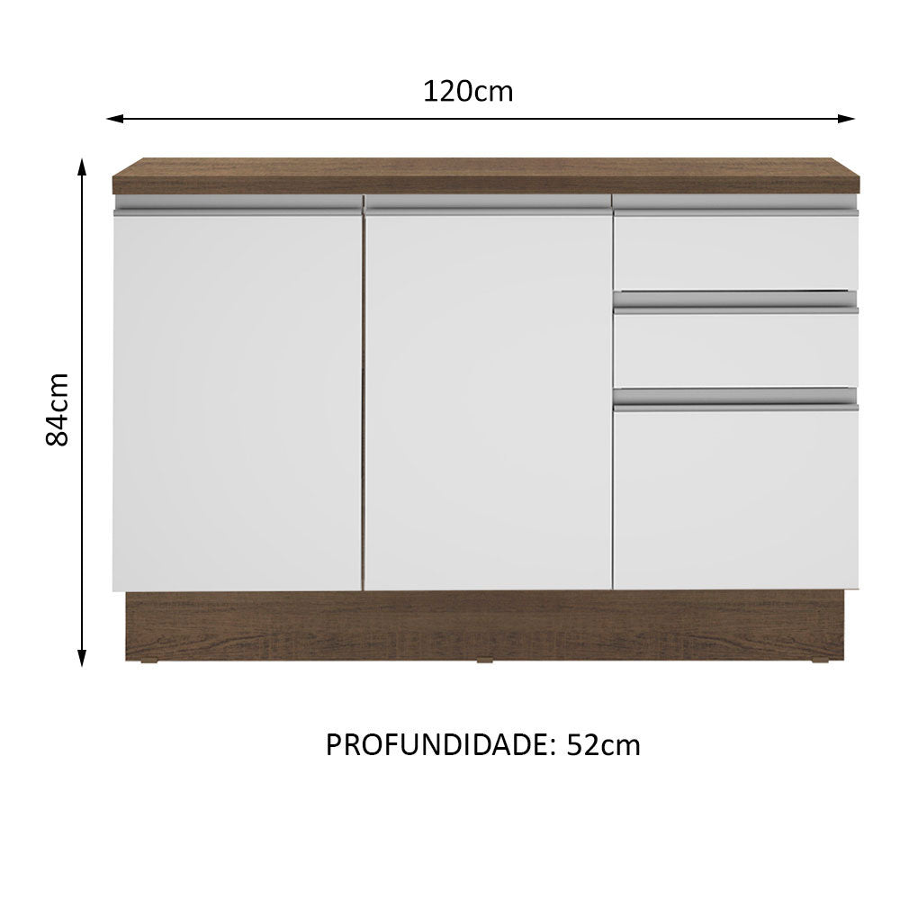 Balcão Madesa Glamy 120 cm 2 Portas e 3 Gavetas (Com Tampo) Rustic/Branco