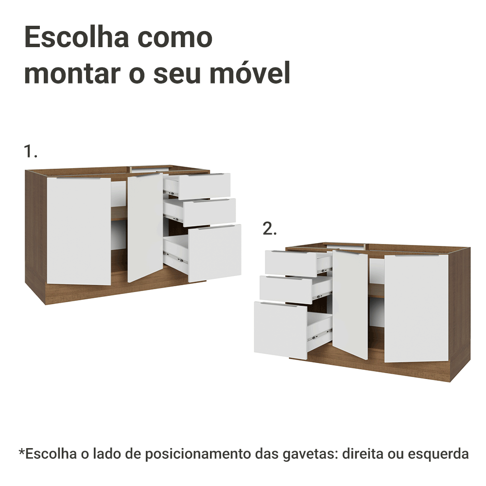 Balcão Gabinete de Pia Madesa Stella 2 Portas e 3 Gavetas (Sem Tampo e Pia) Rustic/Branco