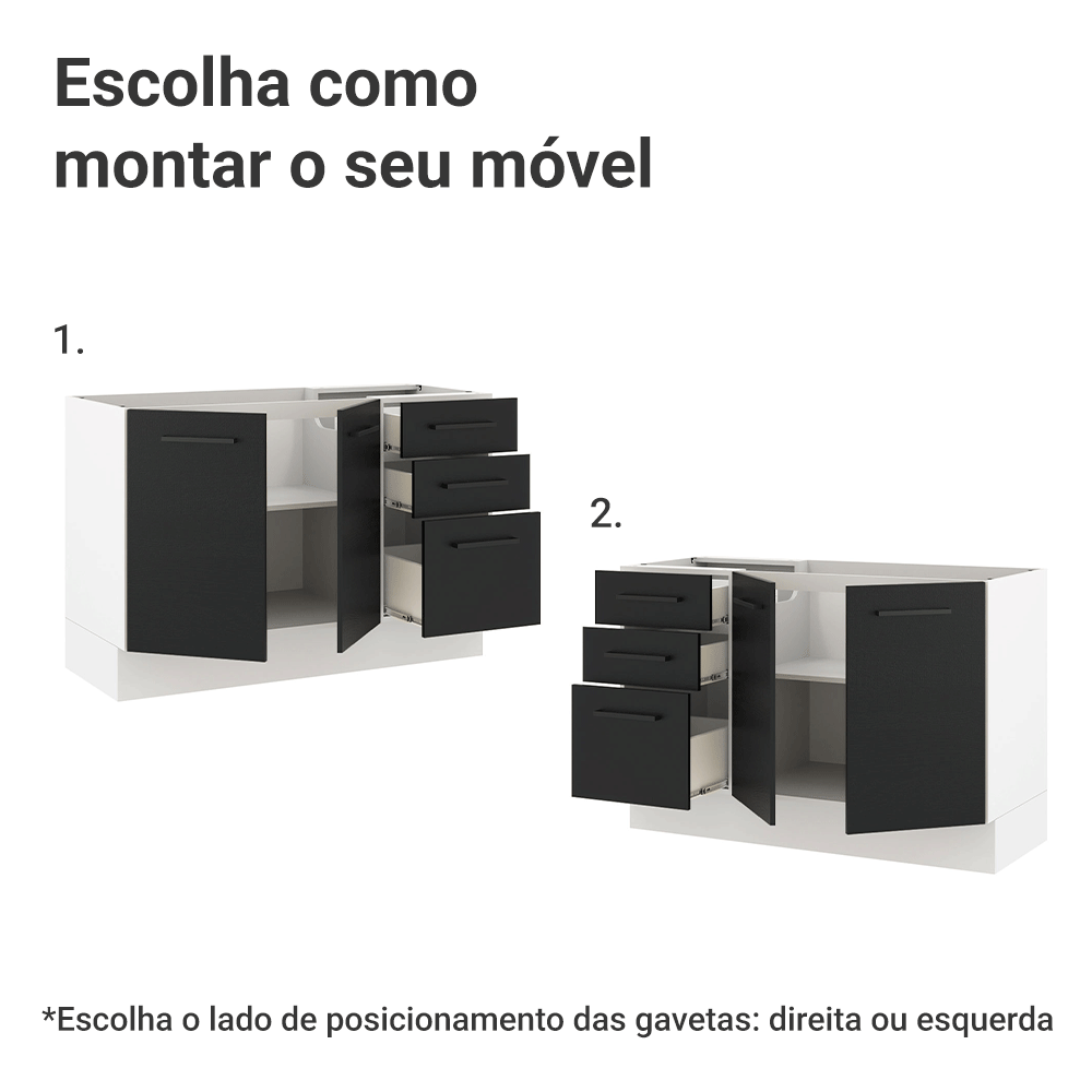 Balcão Gabinete de Pia Madesa Agata 2 Portas e 3 Gavetas (Sem Tampo e Pia) Branco/Preto
