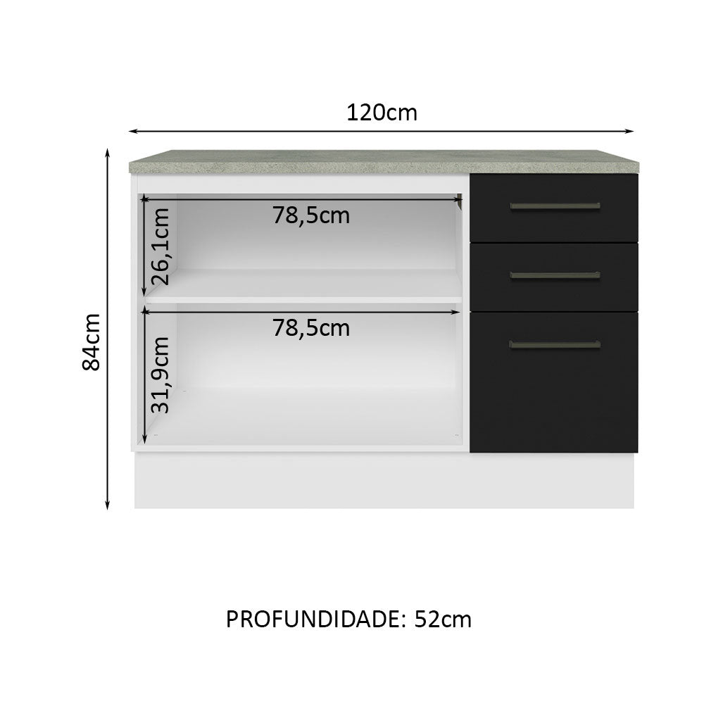 Balcão Cozinha 2 Portas e 3 Gavetas (Com Tampo) Branco/Preto Agata Madesa
