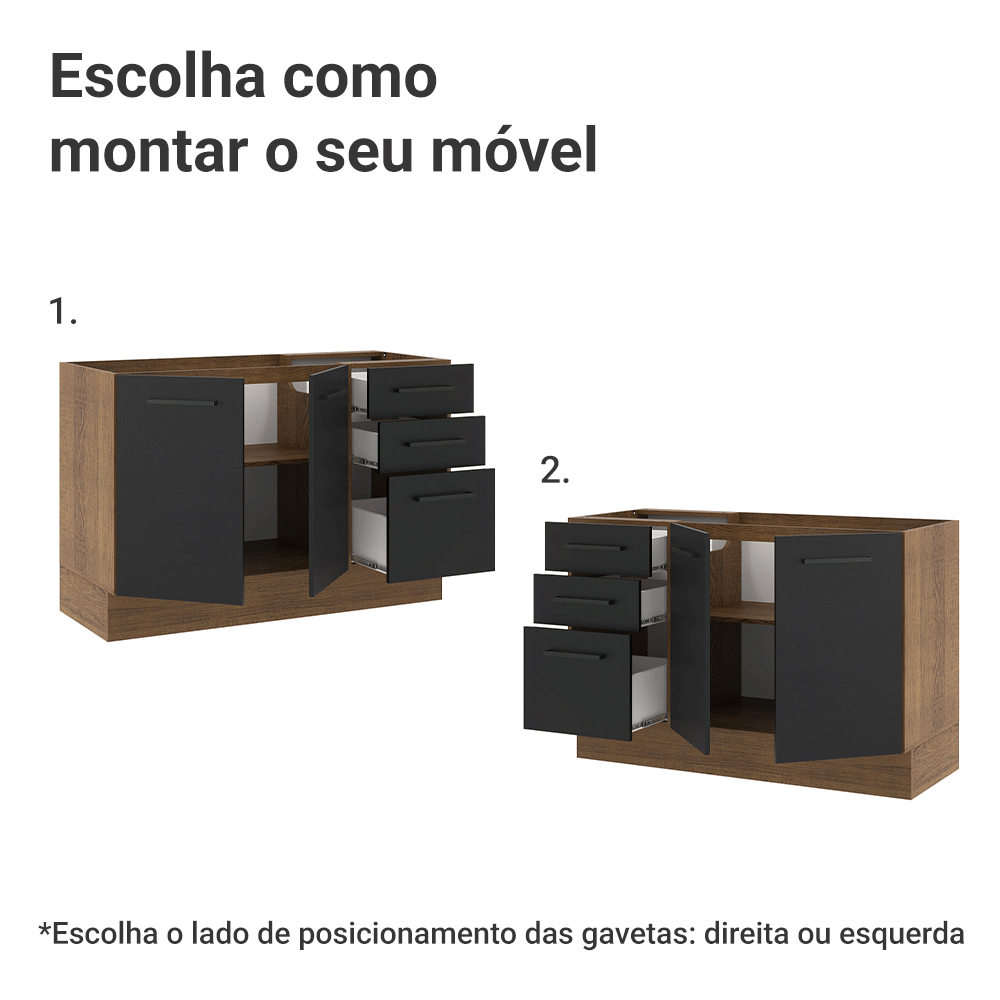 Balcão Gabinete de Pia Madesa Agata 2 Portas e 3 Gavetas (Sem Tampo e Pia) Rustic/Preto