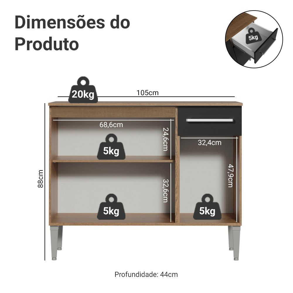 Balcão Gabinete Madesa Emilly 3 Portas e 1 Gaveta Rustic/Preto